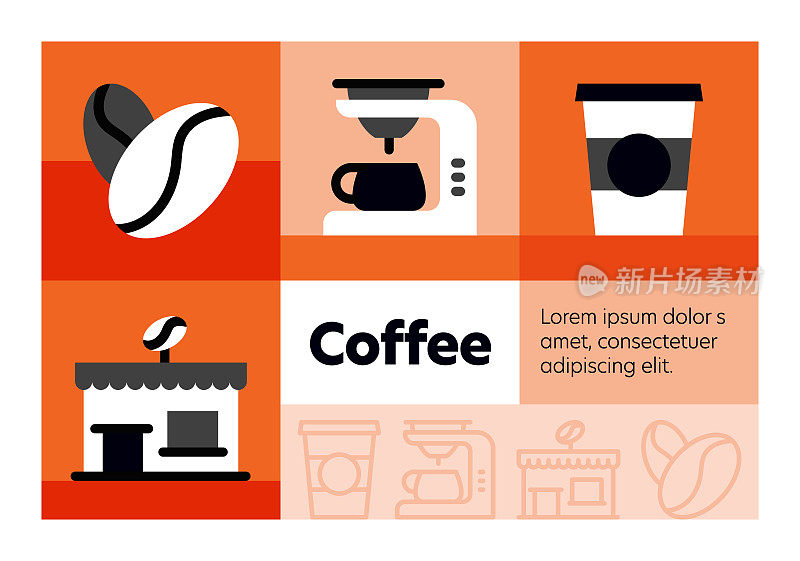 咖啡线图标集和横幅设计。