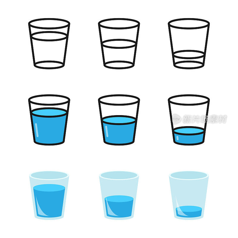 玻璃杯的水图标集矢量设计。