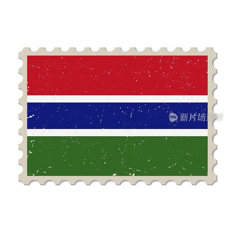 冈比亚垃圾邮票。老式明信片矢量插图与冈比亚国旗隔离在白色背景上。复古的风格。