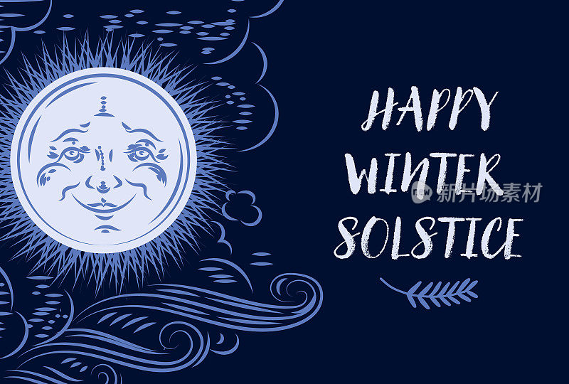 冬至快乐贺卡设计模板在深蓝色与装饰太阳