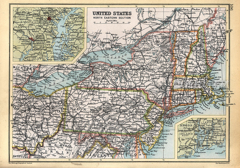 美国东北部古老的古董地图，美国，纽约州，宾夕法尼亚州，佛蒙特州，马萨诸塞州，罗德岛州，康涅狄格州，19世纪90年代