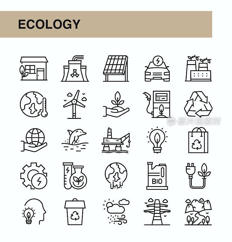 生态线图标集。图标符号，回收符号，可再生能源，环境，可持续能源