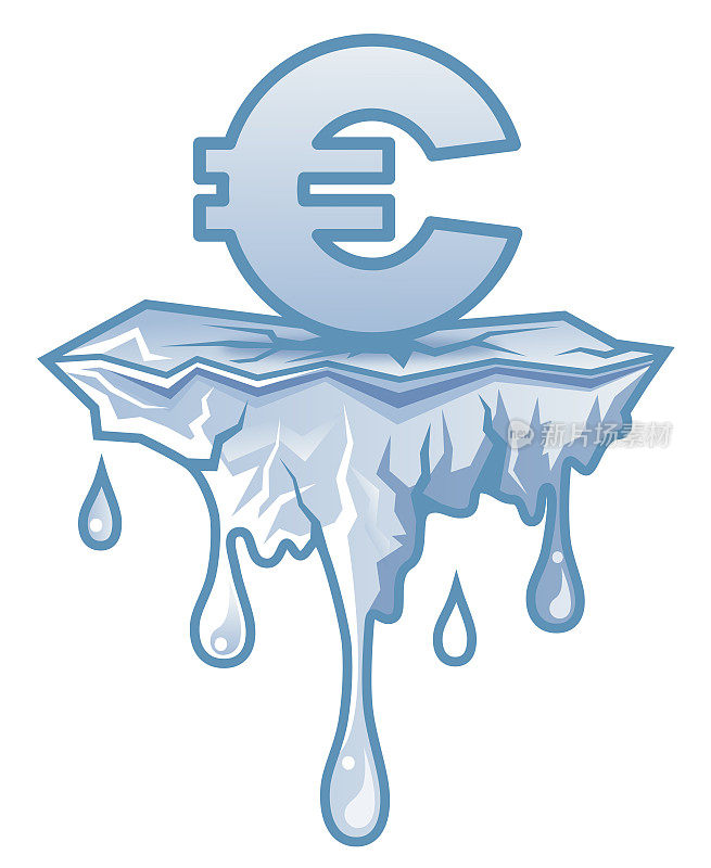 融化的冰架上的欧元货币标志概念插图