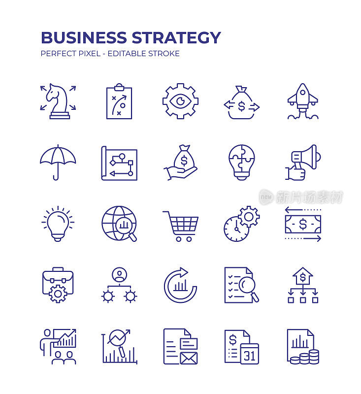 商业战略可编辑线条图标集包含了规划、现金流、风险管理、流程图、商业模式、营销、创新、效率等图标