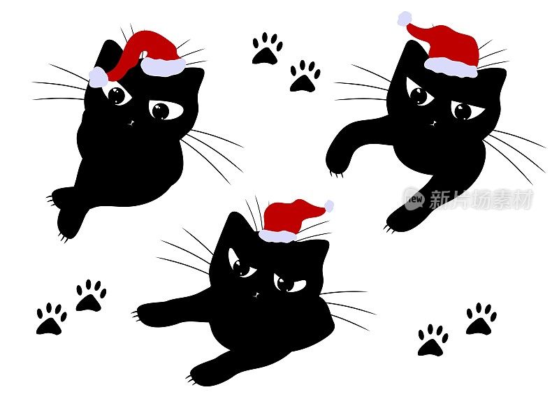 一组戴着圣诞老人帽子的猫。国内的小猫。猫头黑色剪影。纹身,打印。