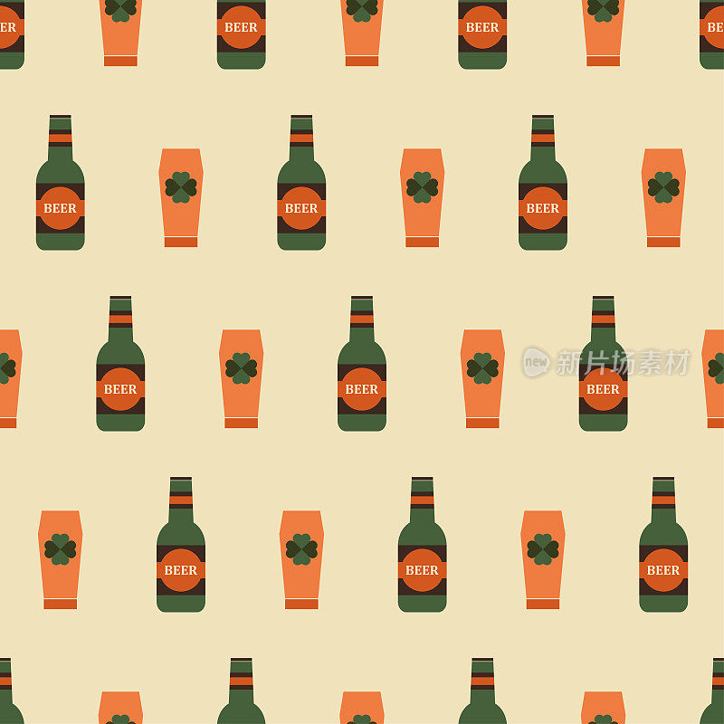 啤酒无缝模式。啤酒瓶与马克杯复古的颜色。啤酒派对的背景。织物、包装纸、包装印花的复古设计。矢量插图在平面设计