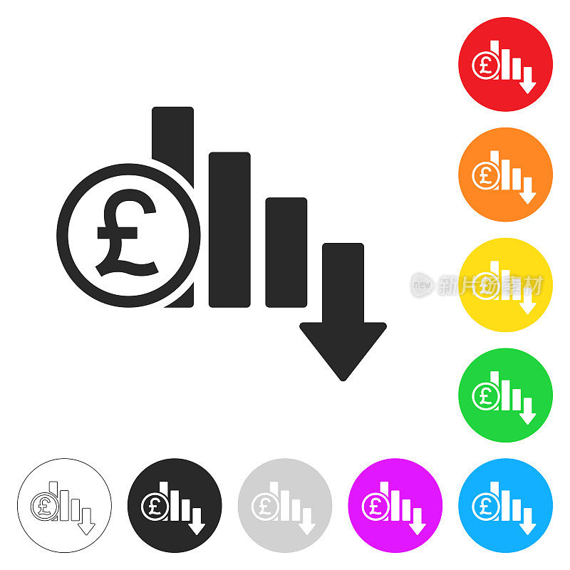 英镑汇率下降。彩色按钮上的图标