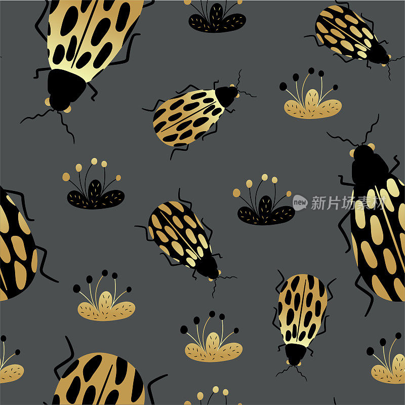 金色和黑色甲虫的无缝图案。适用于时尚面料、家纺、服装、纸张、墙纸、异形包装、窗帘的设计模板。矢量插图。