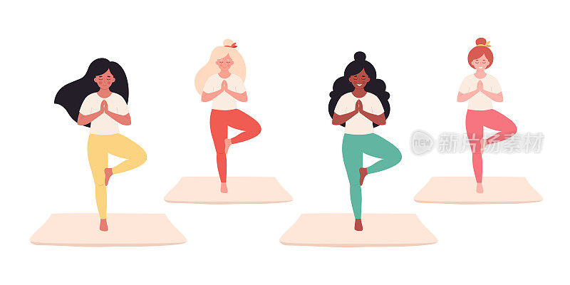 女性做瑜伽。健康的生活方式，自我护理，瑜伽，冥想。瑜伽馆，瑜伽课。手绘矢量插图