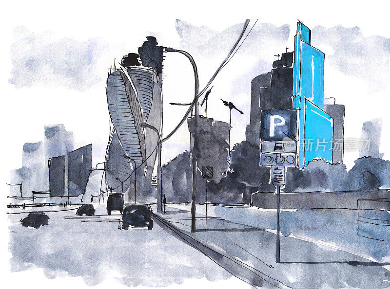 抽象的未来城市景观。城市里的摩天大楼。塞伯朋克。单色插图墨水图形。