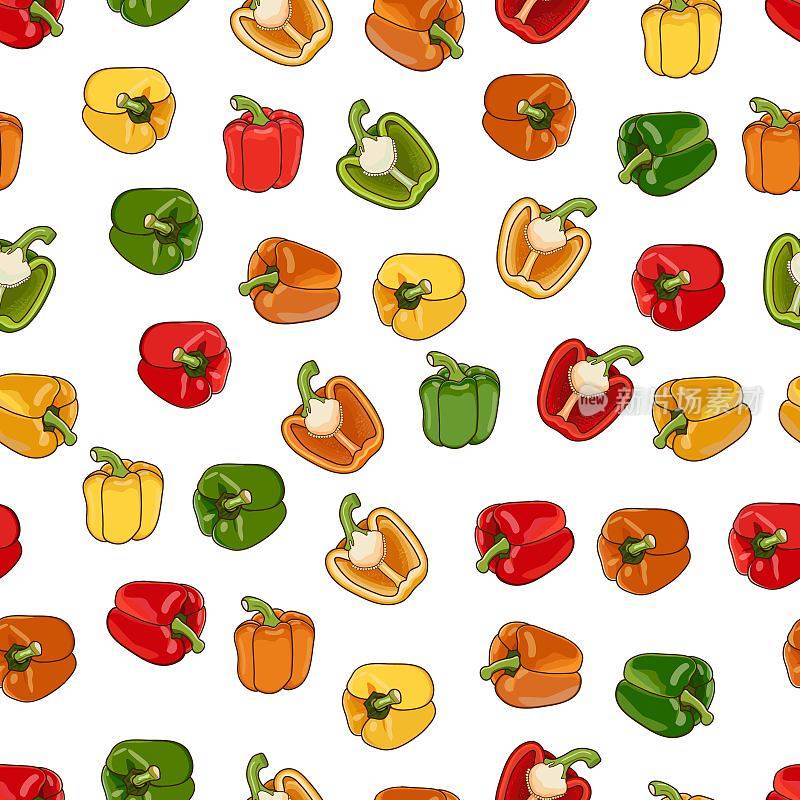 无缝图案与整个，一半，楔形，和切片甜椒。红辣椒，绿辣椒，黄辣椒，橙辣椒。蔬菜。矢量插图孤立在白色背景上。卡通风格。