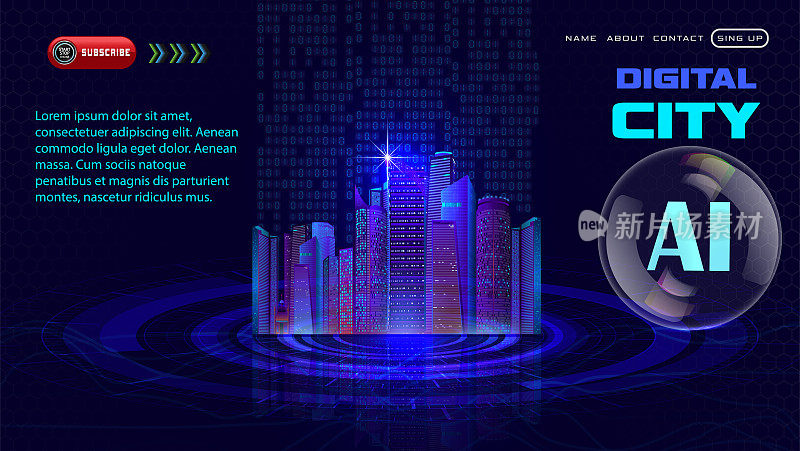黄昏时分，在中央商务区高层建筑的照明下，冷蓝色的人工智能数字城市全景。