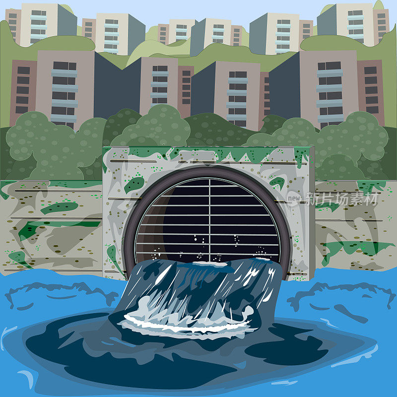城市废水通过管道排入河流。工厂水的污染