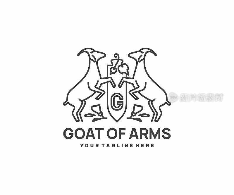 纹章设计中的山羊。纹章与动物载体设计的皇家徽章盾。豪华山羊饰章纹章
