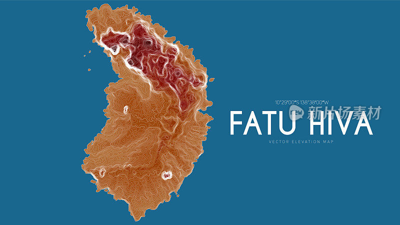 法属波利尼西亚马奎萨斯群岛法图希瓦地形图，太平洋。海岛矢量详细高程图。地理优美的山水轮廓海报。