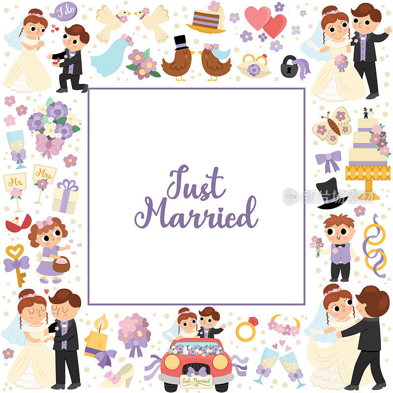 向量婚礼方框与刚刚结婚的夫妇。婚礼仪式卡片模板为横幅、请柬。可爱的婚礼插画与新娘，新郎，伴娘，新郎，蛋糕，戒指