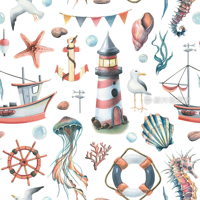 无缝模式与海洋水下居民，灯塔和船。水彩插图在白色背景从交响乐的海洋集合。