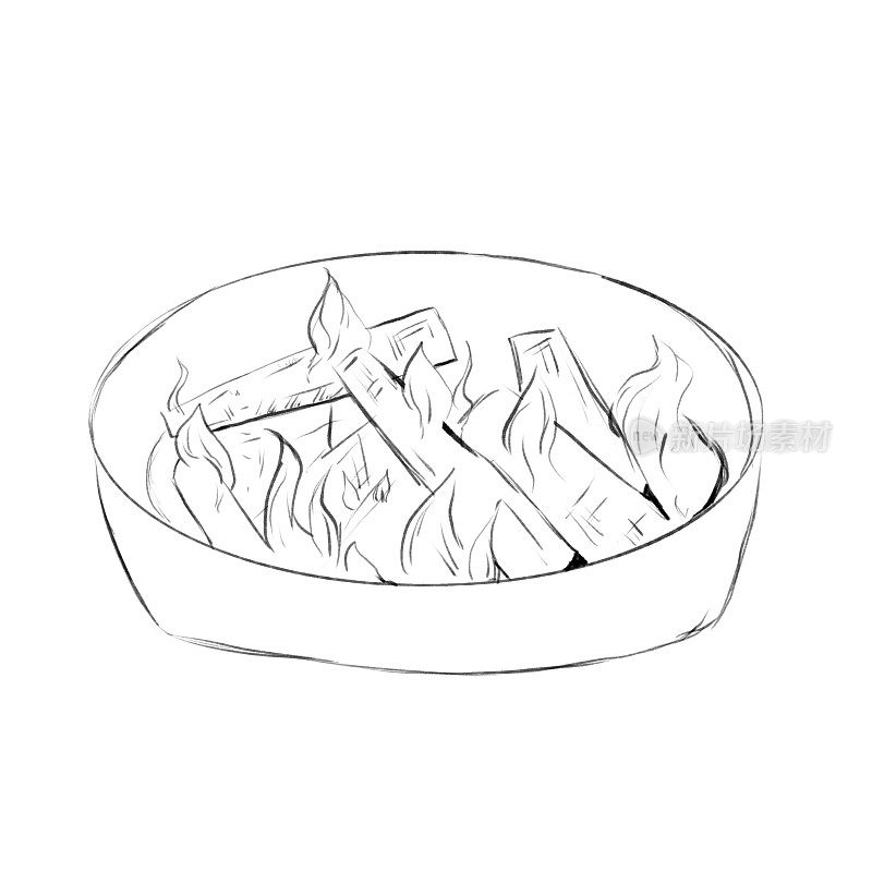 篝火在一个圆火盆铅笔素描插图