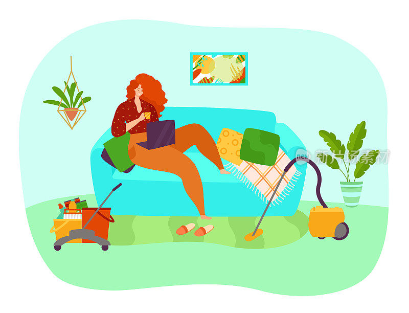 女人角色坐在沙发上上网笔记本电脑，拖延时间做家务平面矢量插画，孤立于白色。