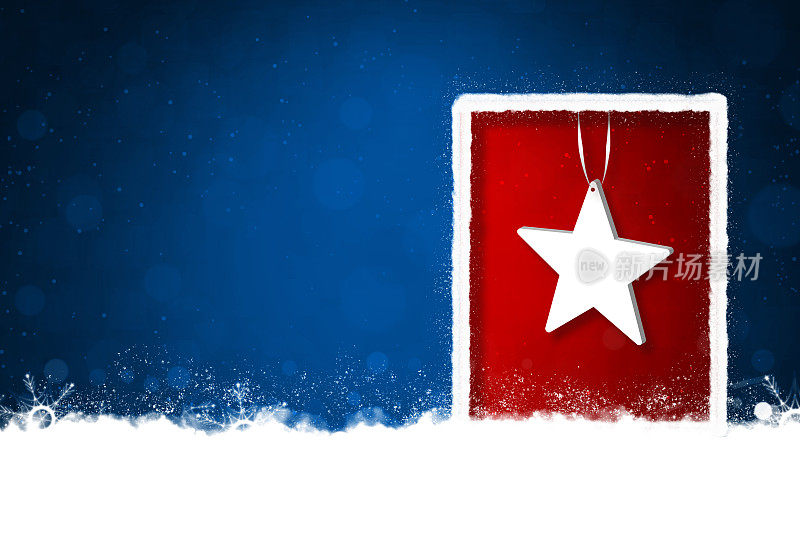 创造性的深色午夜宝蓝色彩色圣诞背景与一个大边框边框白色轮廓与3D圣诞快乐星挂在红色背景与雪花和雪遍布地面，边界或框架像一个窗户