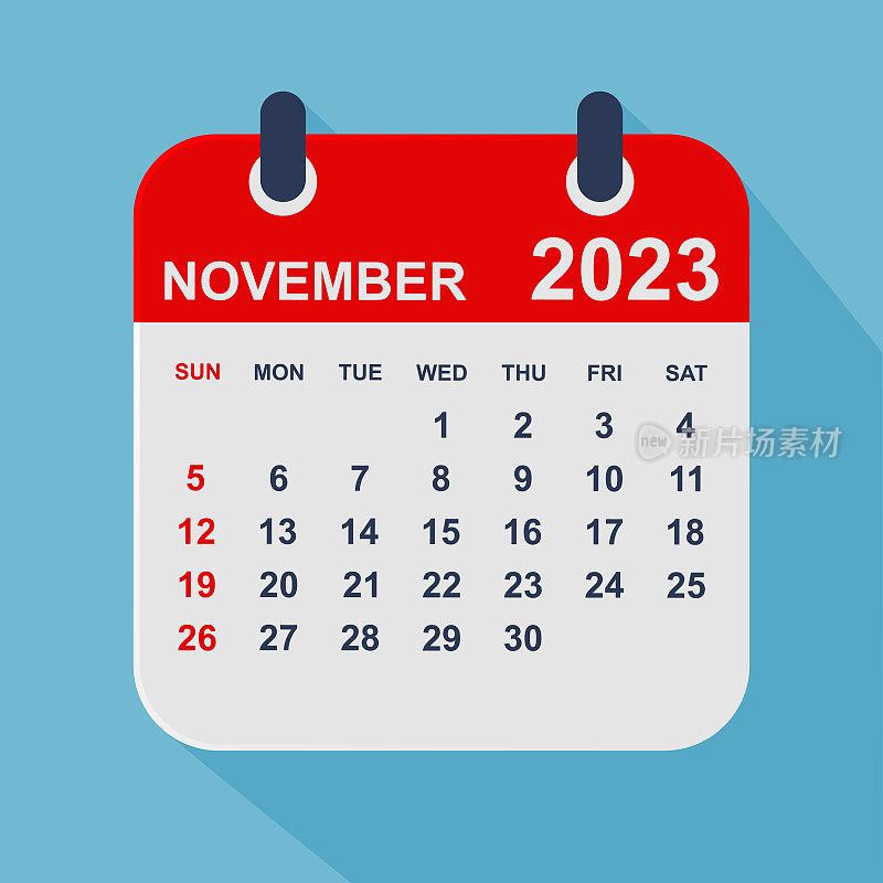 2023年11月月历叶。一周从周日开始。业务矢量图