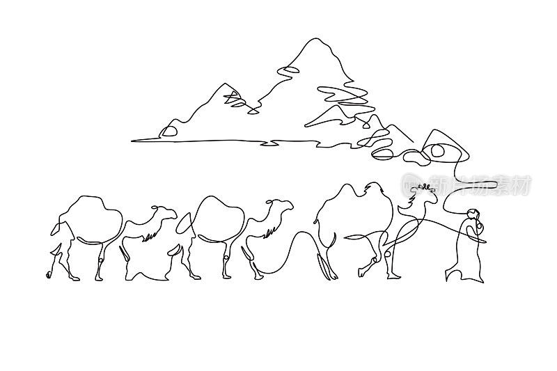 沙漠中的骆驼。一个画线。简约的图形。景观。