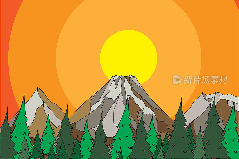 抽象的山景与松林和太阳天空的背景。