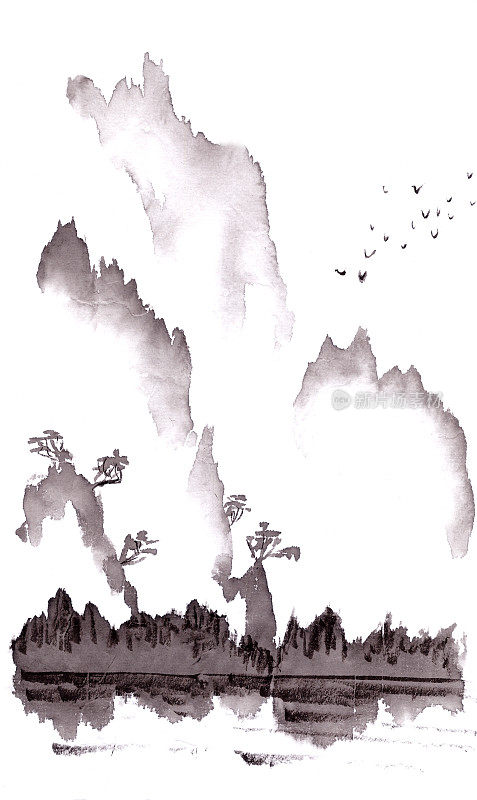 山景中国风水墨宣纸画