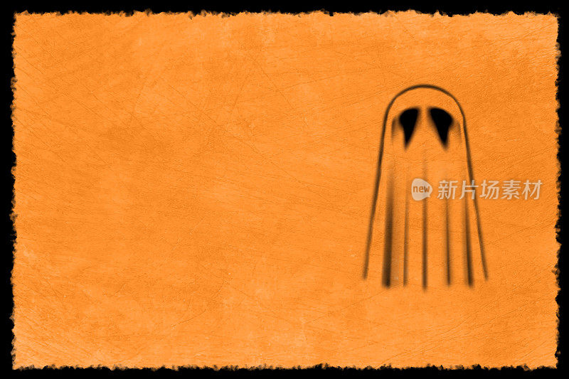 明亮充满活力的恐怖恐怖橙色乡村万圣节主题框架背景与一个抽象的幽灵三维或三维剪影在面纱制成的黑色轮廓涂鸦