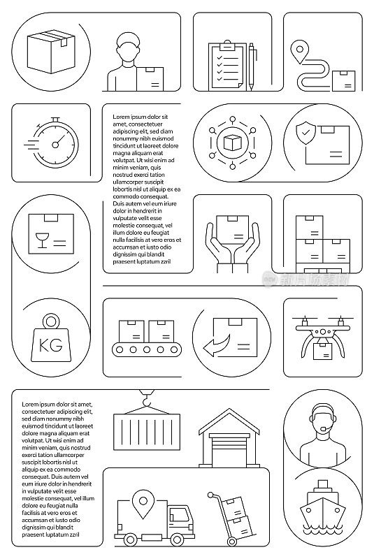 配送和物流相关矢量横幅设计概念,现代线风格与图标