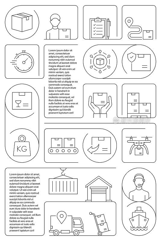 配送和物流相关矢量横幅设计概念，现代线风格与图标