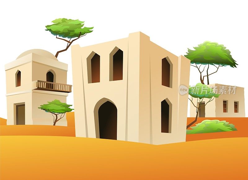 阿拉伯粘土双层小屋。中东土坯房。非洲和亚洲的传统房屋。白色背景隔离矢量。