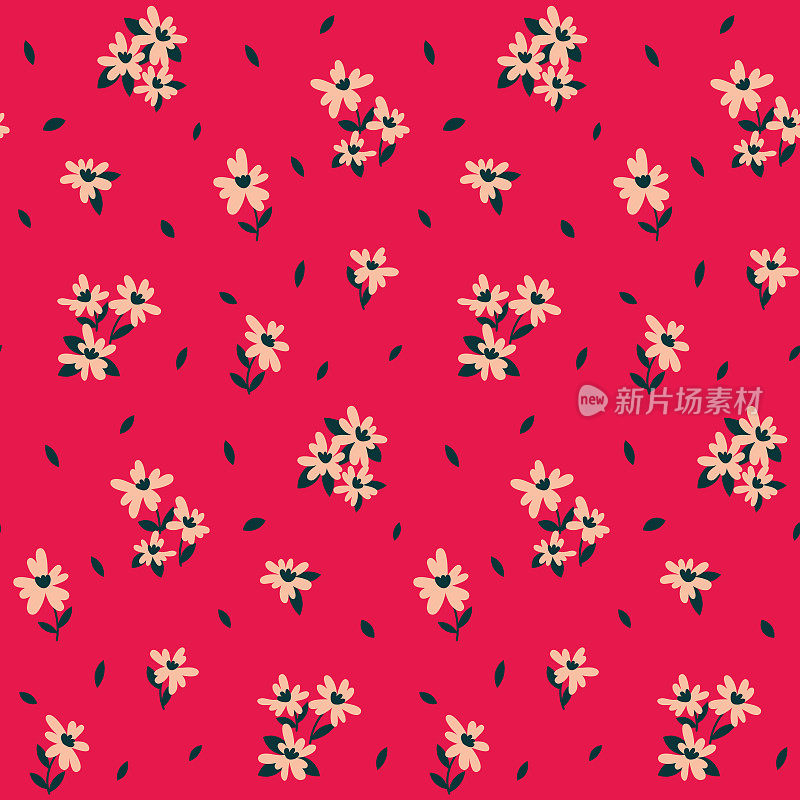 无缝的花卉图案，可爱的花朵印花，小花朵的抽象安排，在粉红色的背景上的叶子。向量。