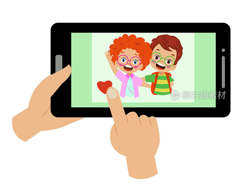视频会议。可爱的小孩用平板电脑和朋友视频通话。孩子们用互联网技术开心的微笑交谈。屏幕上的女孩脸。矢量卡通插图的调用