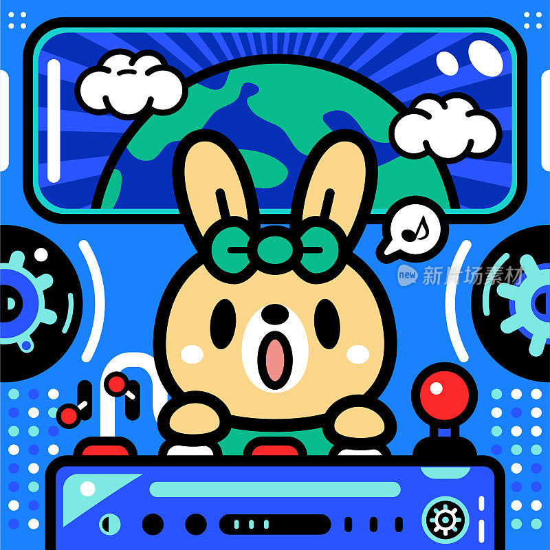 一只可爱的兔子正在驾驶一艘无限动力宇宙飞船，向地球打招呼