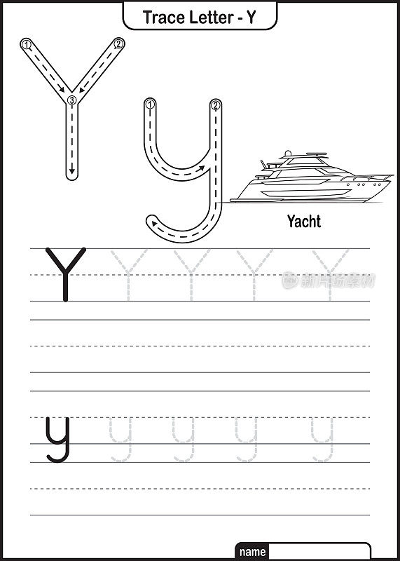 字母跟踪字母A到Z学龄前工作表与字母Y游艇亲矢量