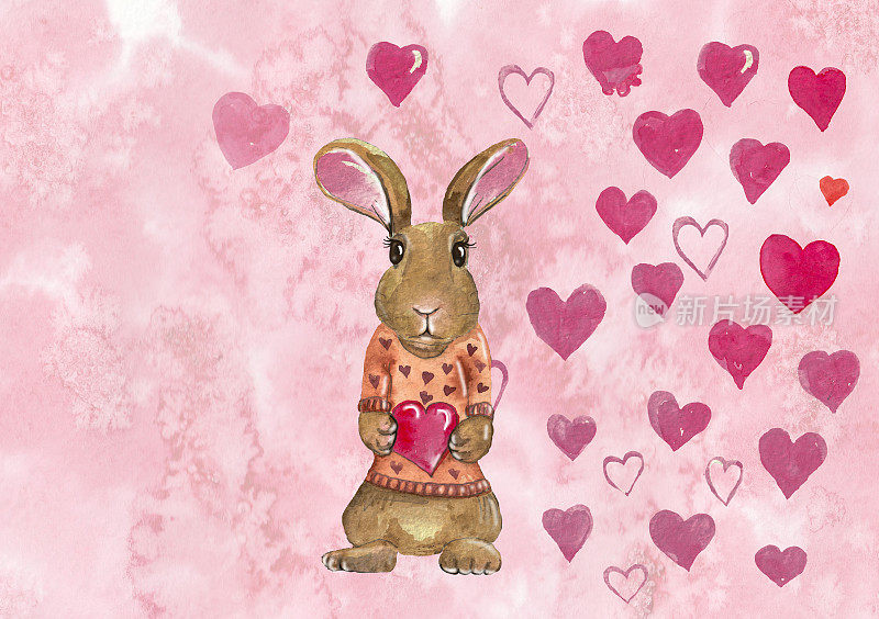 水彩手绘插画兔与粉红色的心。兔子抱着红红的心。卡通风格的动物。设计封面，背景，装饰，明信片