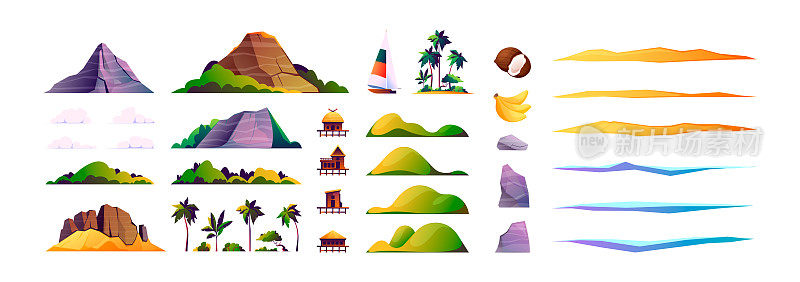 傍晚的岛屿背景。卡通田园诗般的热带海滩落日，沙滩和棕榈树的海岸景观，夏日度假的风景胜地。矢量图