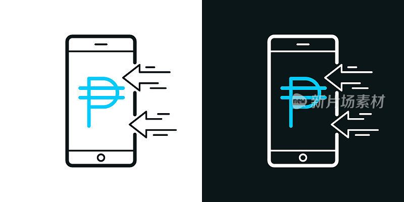 用智能手机接收比索。黑色或白色背景上的双色线图标-可编辑的笔画