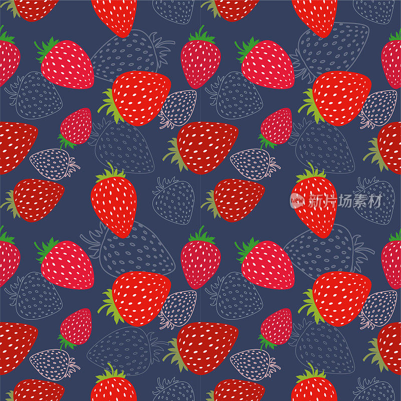 无缝矢量模式与红色草莓在蓝色背景在平面风格。