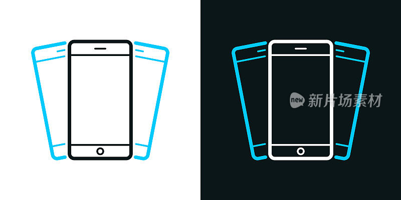 一套移动电话。黑色或白色背景上的双色线图标-可编辑的笔画