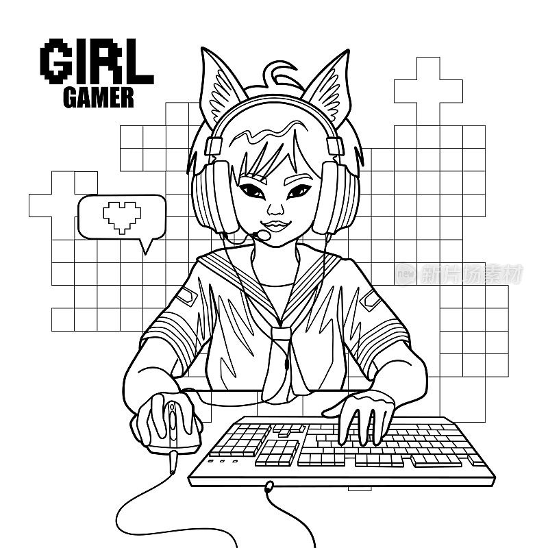 女孩游戏玩家或带猫耳耳机的主播坐在电脑前