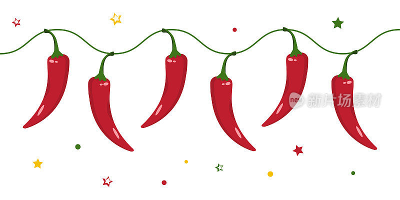 辣椒边。墨西哥框架，五月五日节，红辣椒，辛辣的食物背景。蔬菜插图