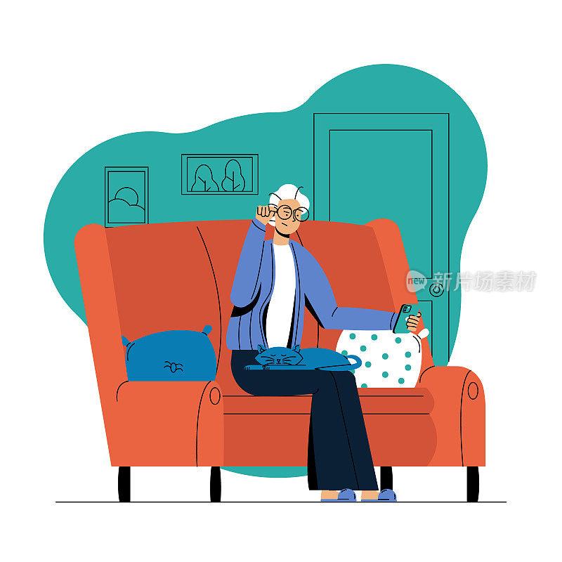 老妇人在沙发上与亲人视频通话，沙发上有猫的插图