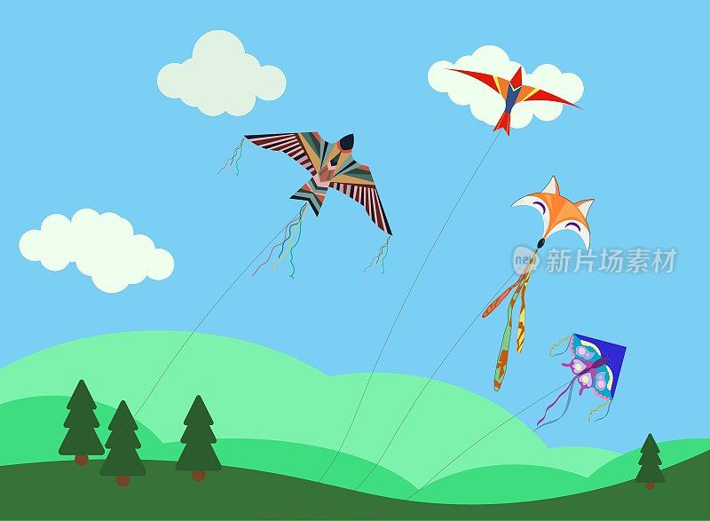 卡通风筝。为孩子们准备的带丝带和尾巴的风飞行玩具。风筝节‘玛克桑格拉提。蝴蝶，狐狸，鹰风筝形状和设计，矢量集。插画风风筝游戏，夏天放飞的玩具