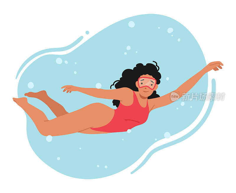 穿红色泳装跳水的女人。自信地游泳，优雅地滑翔，享受，插画