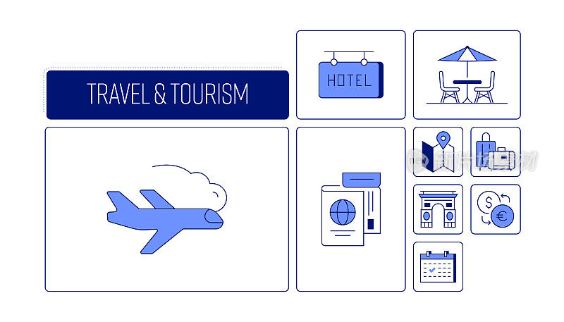 旅游和旅游相关的设计与线图标。简单轮廓符号图标。