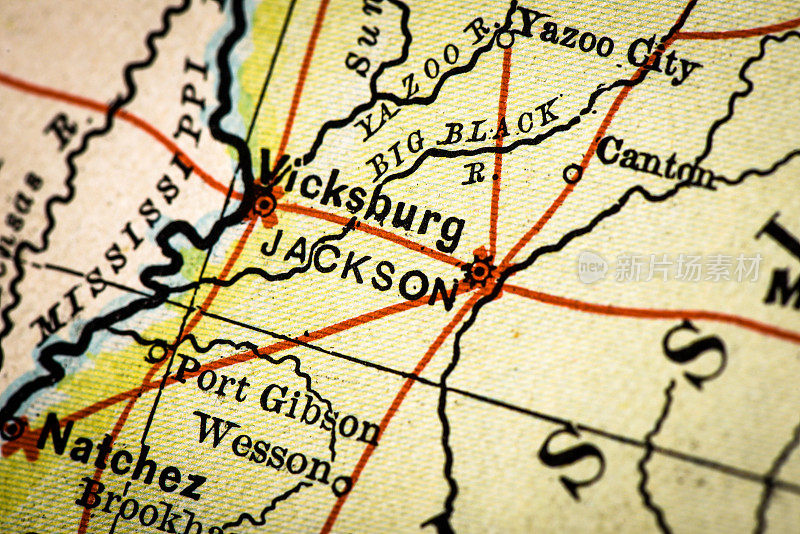 古董地图集地图宏观特写:杰克逊，密西西比州