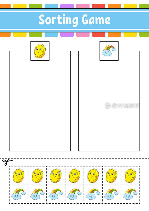 孩子们的分类游戏。切割和粘合。教育发展工作表。儿童配对游戏。彩色活动页面。儿童拼图。可爱的性格。矢量插图。