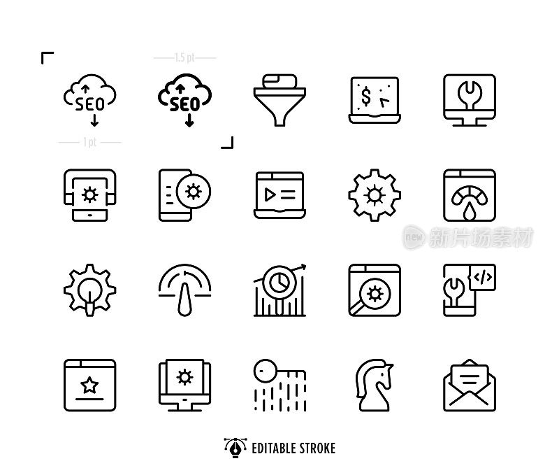 SEO和开发线图标集。可编辑的中风。像素完美。